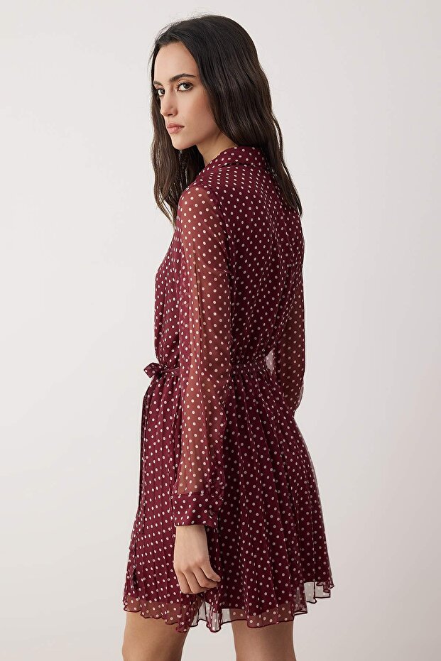 Bordo Puantiyeli Kuşaklı Kısa / Mini Dokuma Gömlek Elbise TWOAW26EL00283 - 4