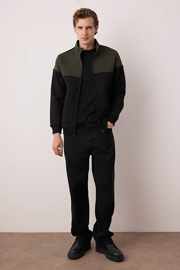 Yeşil-Siyah Regular Fit Uzun Kollu Dik Yaka Fermuarlı Sweatshirt TMNAW22SW0720 - 2