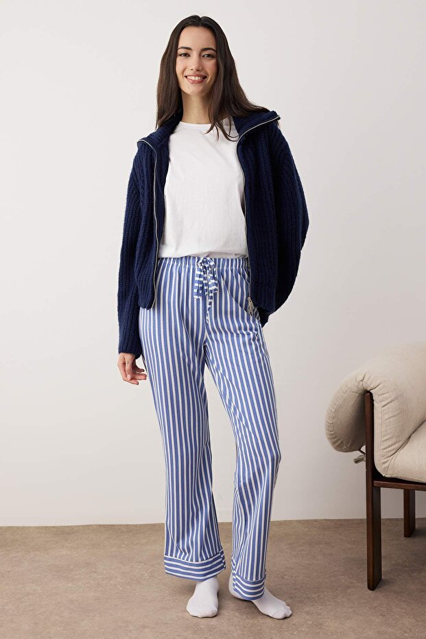 Beyaz Mavi %100 Pamuklu Çizgili Örme Pijama Altı THMAW24PJ00001 - 2