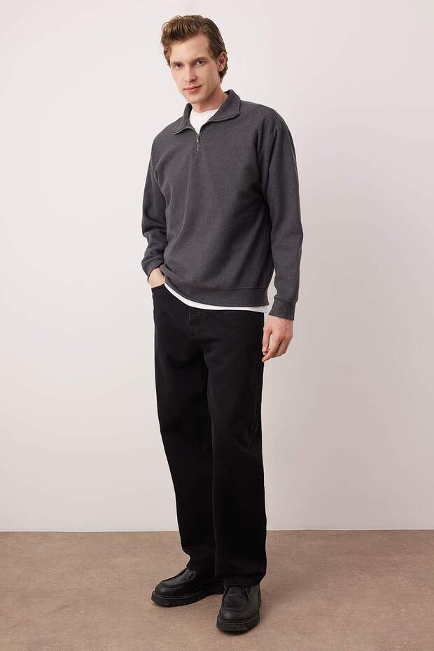 Antrasit Yeni Oversize/Geniş Kesim Fırçalı Selanik Dik Yaka Sweatshirt TMNAW26SW00014 - 4