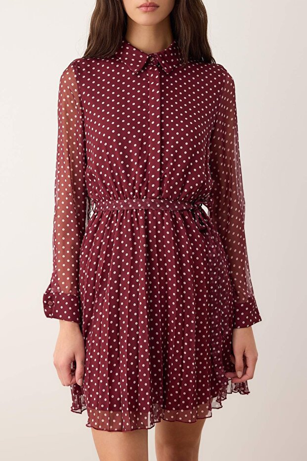 Bordo Puantiyeli Kuşaklı Kısa / Mini Dokuma Gömlek Elbise TWOAW26EL00283 - 3