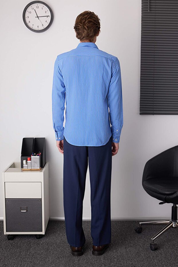 Mavi Slim Fit Çizgili Nakışlı Yumuşak Dokulu Erkek Gömlek TMNAW26GO00005 - 4