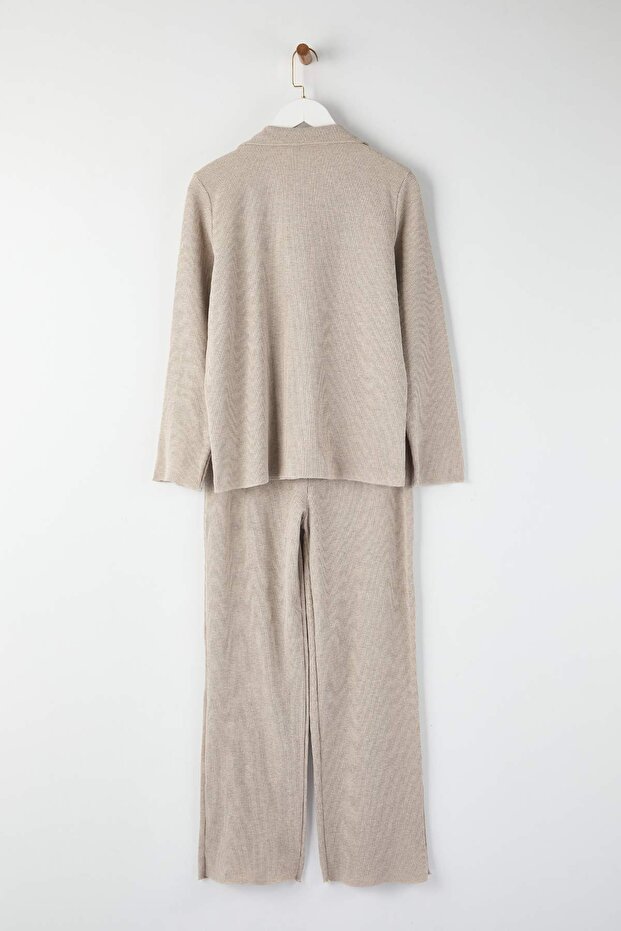 Bej Kurdele/Fiyonklu Waffle Kumaş Örme Pijama Takımı THMAW25PT00195 - 7
