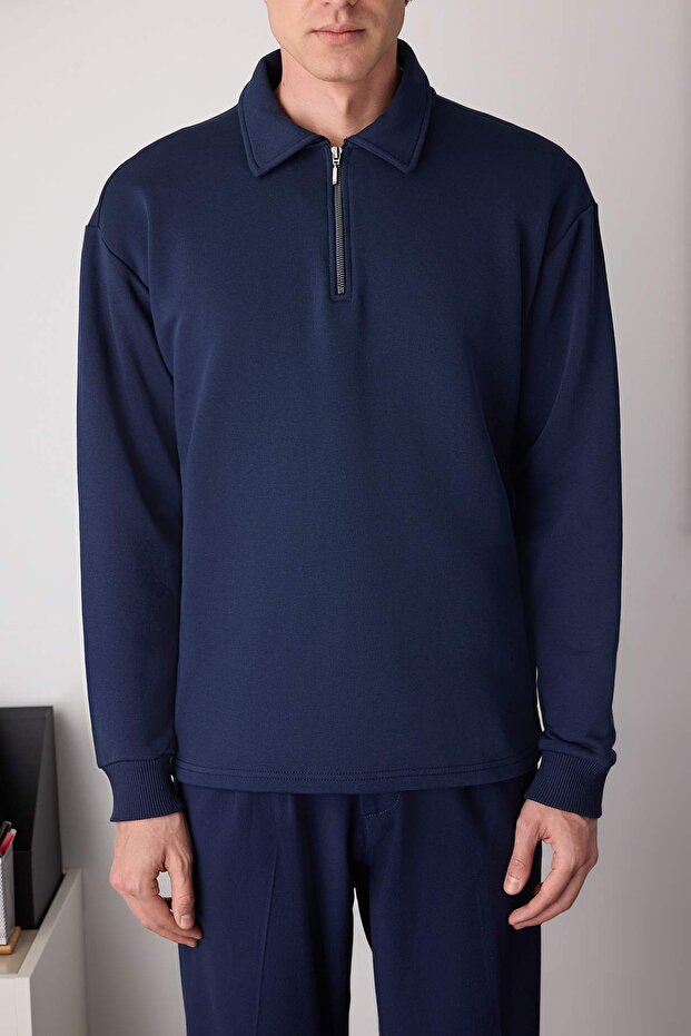 Lacivert Yeni Oversize/Geniş Kesim Fermuarlı Gömlek Yaka İçi Şardonsuz Sweatshirt TMNAW26SW00013 - 3
