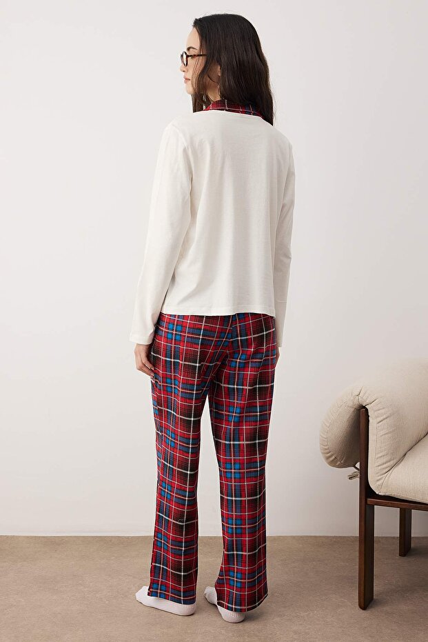 Ekru %100 Pamuklu Ekoseli Kedi Baskılı Örme Pijama Takımı THMAW26PT00153 - 4