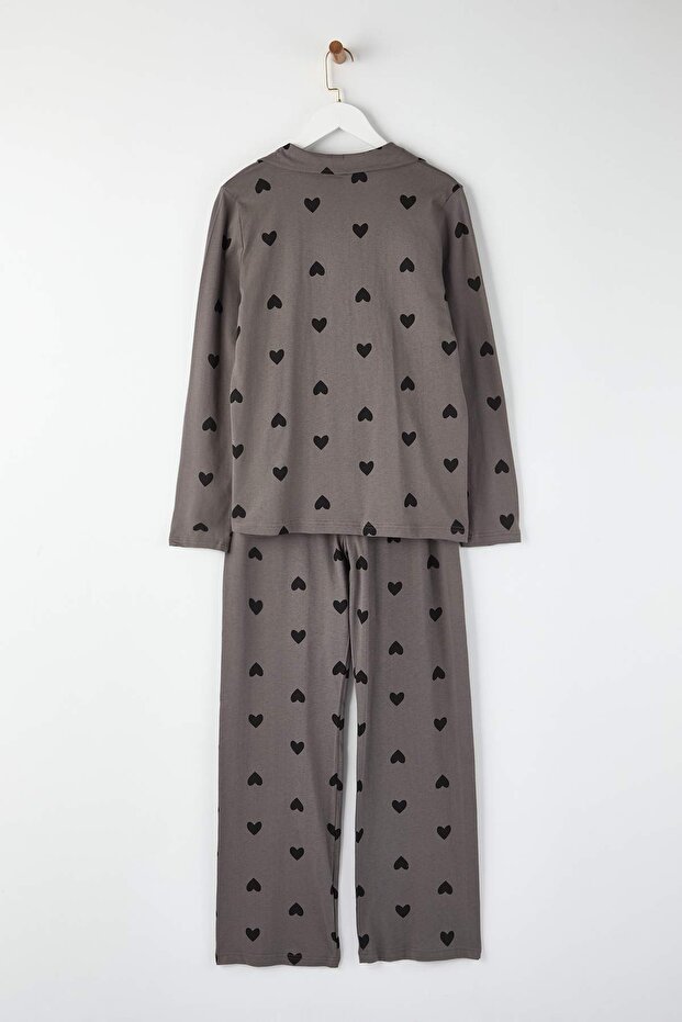 Gri %100 Pamuklu Kalp Desenli Örme Pijama Takımı THMAW21PT0548 - 7