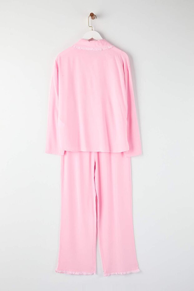 Pembe Fırfırlı Cep Detaylı Viskon Dokuma Pijama Takımı THMAW25PT00146 - 6