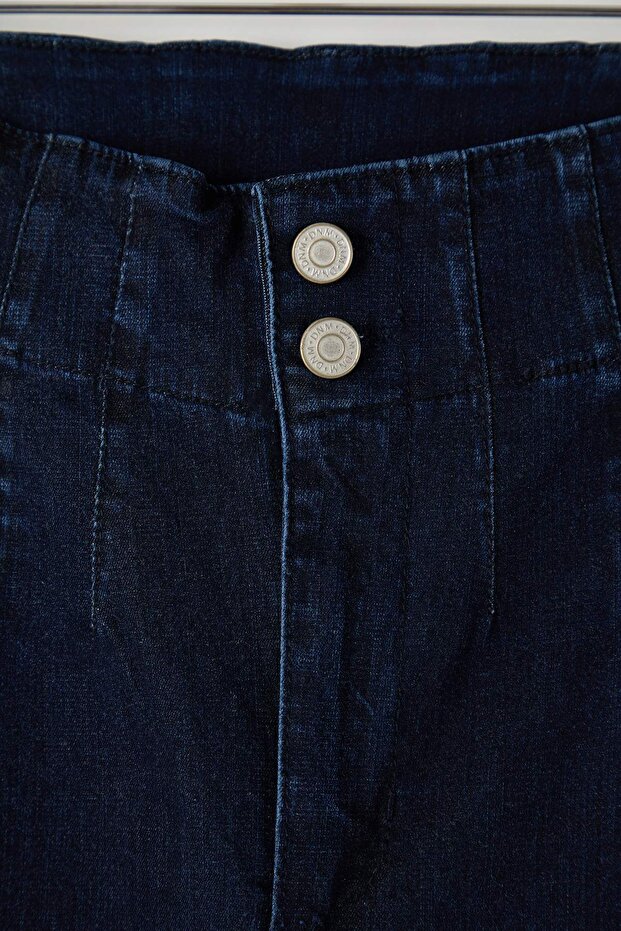 Koyu Mavi Yüksek Bel Dikiş Detaylı İspanyol Paça Büyük Beden Flare Fit Jeans TBBAW26CJ00024 - 6