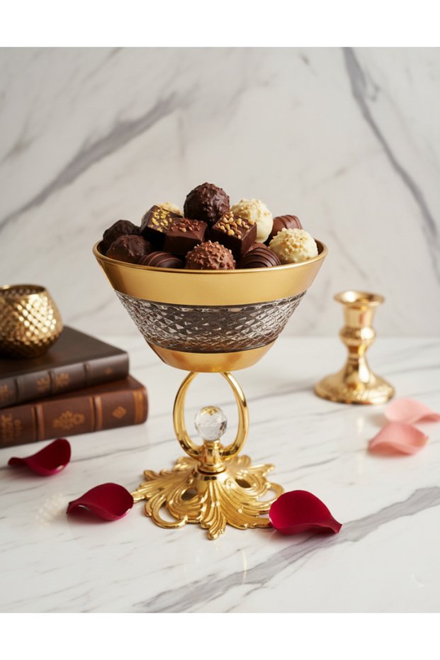 Vega Magnolia Bowl with Metal Legs 345 Cc - Gold Decorated Luxury Dessert and Snack Serving