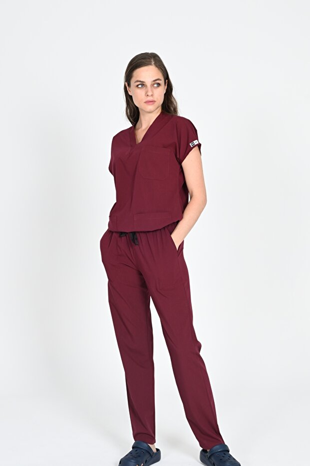 Burgundy Cotton Lycra Unisex Bat Sleeve Nurse Uniform and Doctor Uniform Set Hospital Uniform