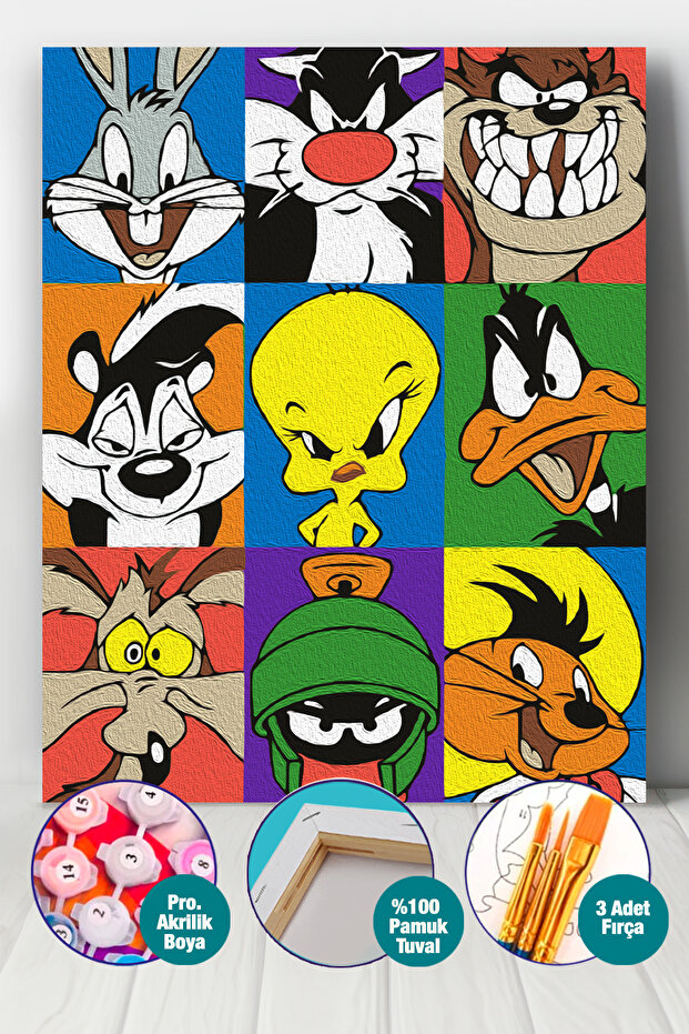 Çocuk Sayılarla Boyama Numaralı Tuval Seti Fırça Boya Dahil 30x40 Cm Sevimli Kahramanlar - 1