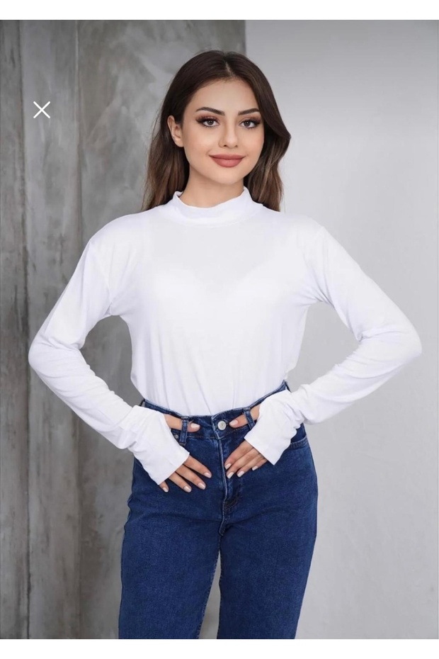 Women's White Finger Detailed Half Turtleneck Viscose Body