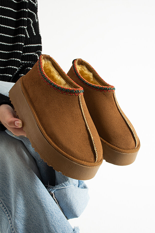 Taba Süet İçi Yünlü Kalın Taban Yarım Bot Ayakkabı - 1