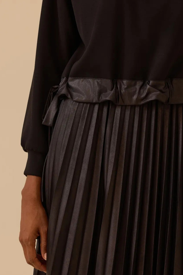 siyah deri piliseli elbise kadın - 5