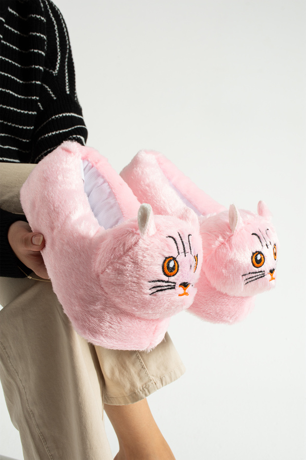 Pembe Hayvanlı Sessiz Taban Panduf Sevimli Kedi Figürlü Peluş Ev Ayakkabısı - 1