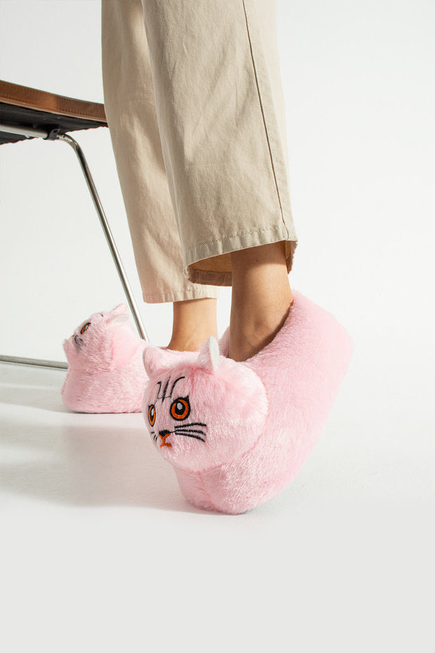Pembe Hayvanlı Sessiz Taban Panduf Sevimli Kedi Figürlü Peluş Ev Ayakkabısı - 3