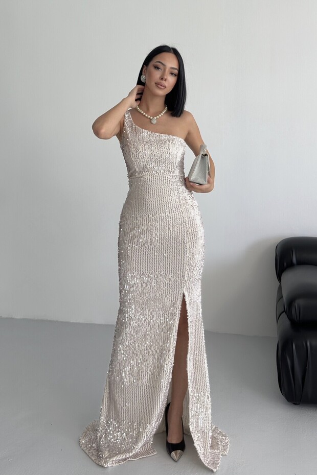 Trend Kadife Pullu Elbise Beyaz - 4