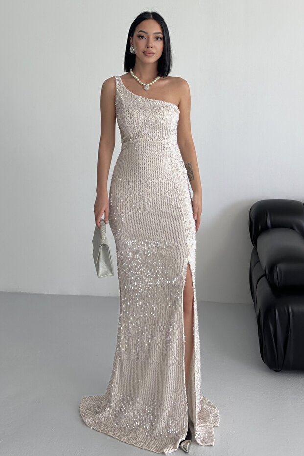 Trend Kadife Pullu Elbise Beyaz - 1