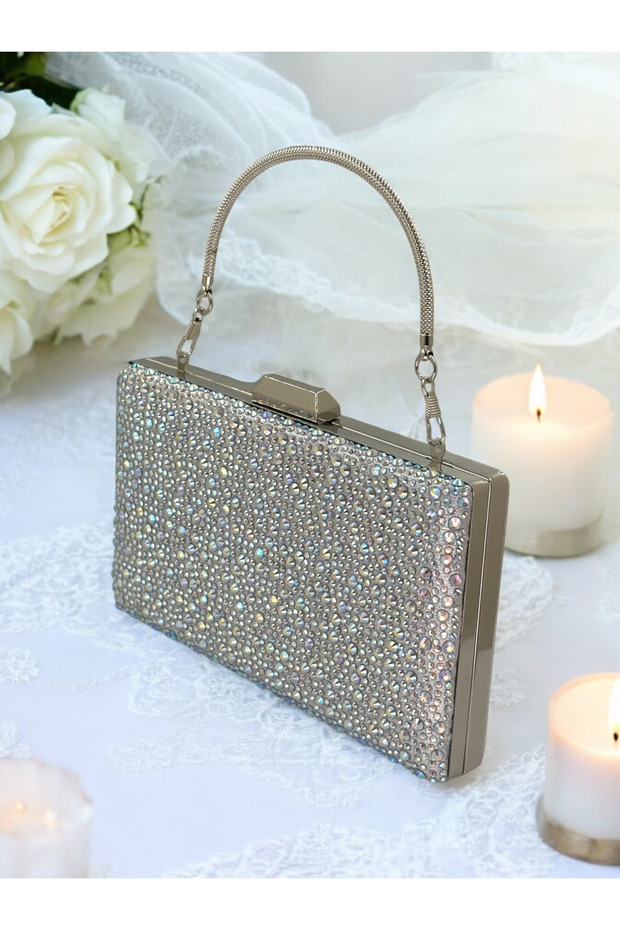 Silver Gray Lame Color Janjan Metal Handle Crystal Stone Evening Dress Bag Kına
