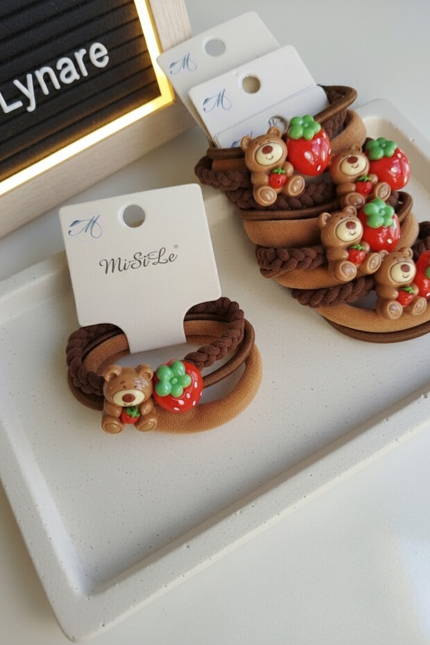 Teddy Bear and Strawberry Figured Rubber Hair Tie Set, 3 Pieces