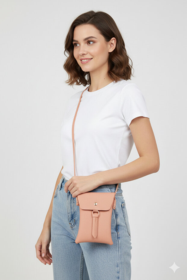 Powder Snap Closure Crossbody Phone Shoulder Bag with Gold Accessories