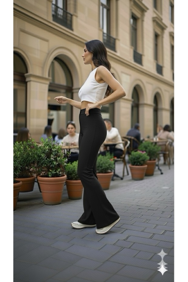 KADIN SİYAH SCUBA KREP ÖNÜ ÇIMALI YÜKSEK BEL İSPANYOL PAÇA PANTOLON(kısa süreligine lansman fiyatı) - 3