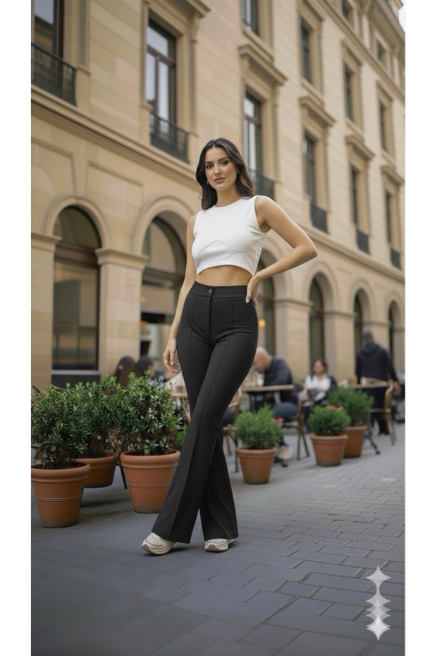 KADIN SİYAH SCUBA KREP ÖNÜ ÇIMALI YÜKSEK BEL İSPANYOL PAÇA PANTOLON(kısa süreligine lansman fiyatı) - 2