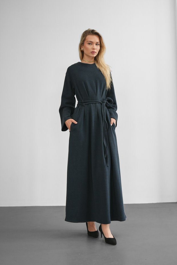 Women's Soft Long Dress with Pleated Front and Lace Detail