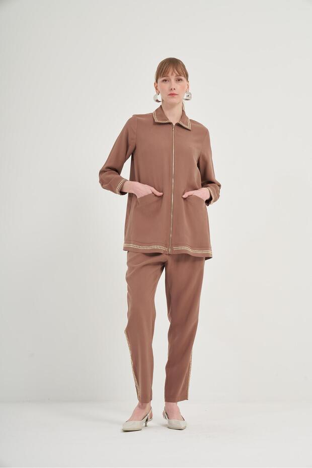 Women's Stone Detailed Tansel Suit Hazelnut 31046