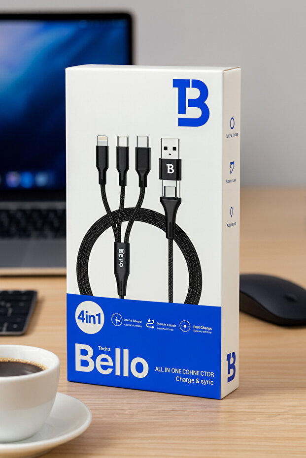 4in1 Çoklu Örgü Şarj Kablosu 1.2m – Hızlı Şarj, Type-C / Lightning / Micro-USB Uyumlu - 8