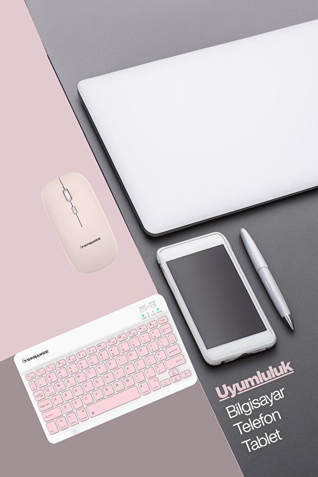 Tablet Ve Telefonlar İçin Bluetooth - Wireless Klavye Ve Mouse Set - Pembe - 4