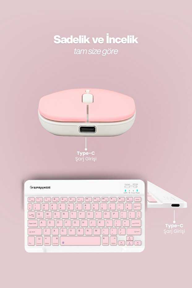 Tablet Ve Telefonlar İçin Bluetooth - Wireless Klavye Ve Mouse Set - Pembe - 1