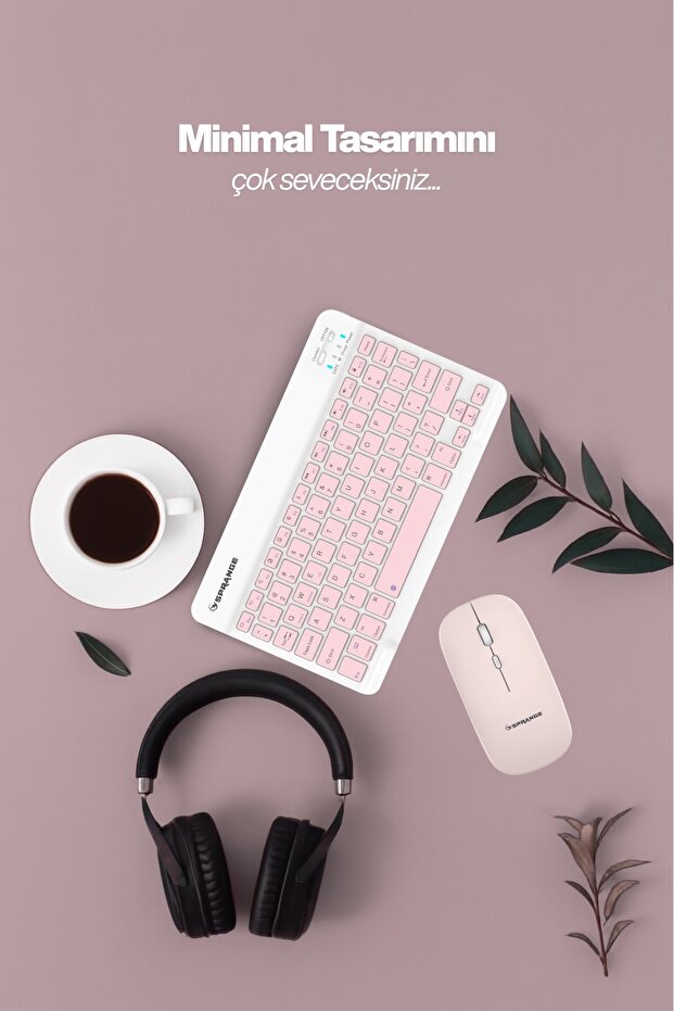 Tablet Ve Telefonlar İçin Bluetooth - Wireless Klavye Ve Mouse Set - Pembe - 3