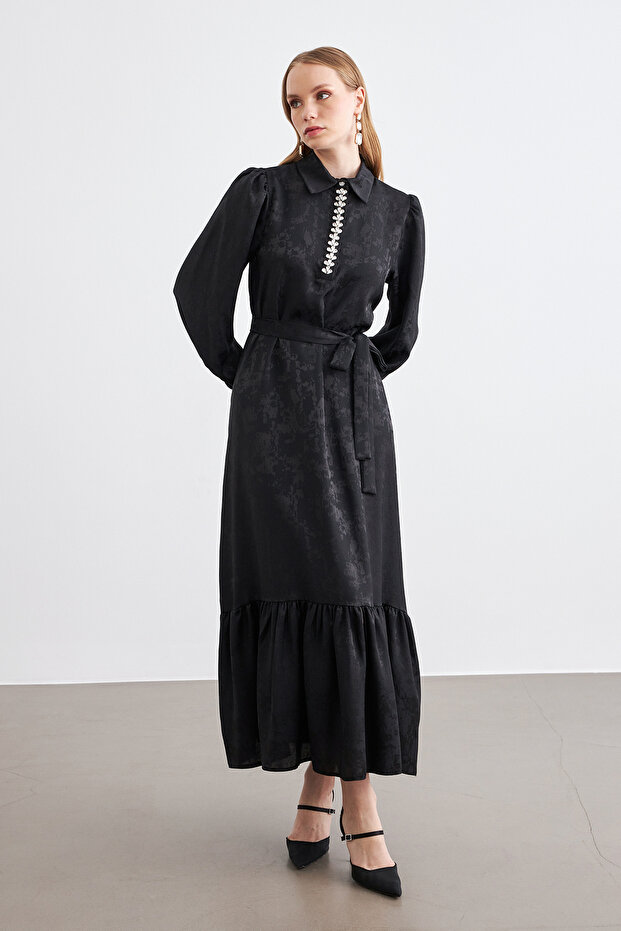 Mayra Taşlı Jakar Elbise - Siyah - 3