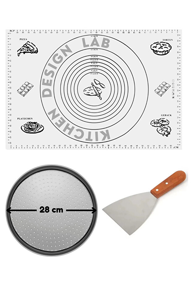 White Dough Rolling Mat 45 X 65 Cm, 28 cm Pizza Tray and Wooden Long Handle Dough and Pizza Cutter