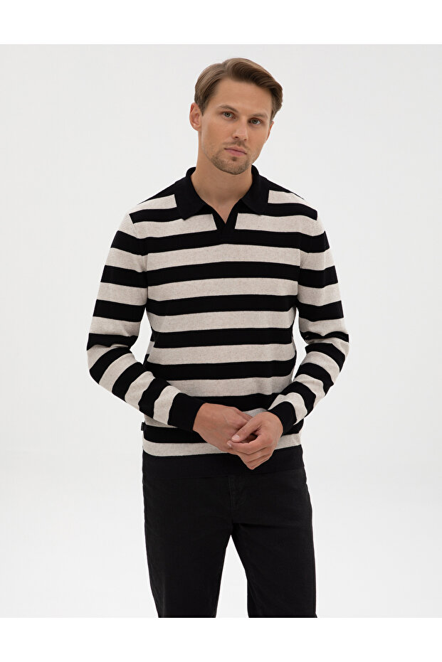 Black Slim Fit Linen Blend Apaş Collar Knitwear Sweater 50315949-Vr046