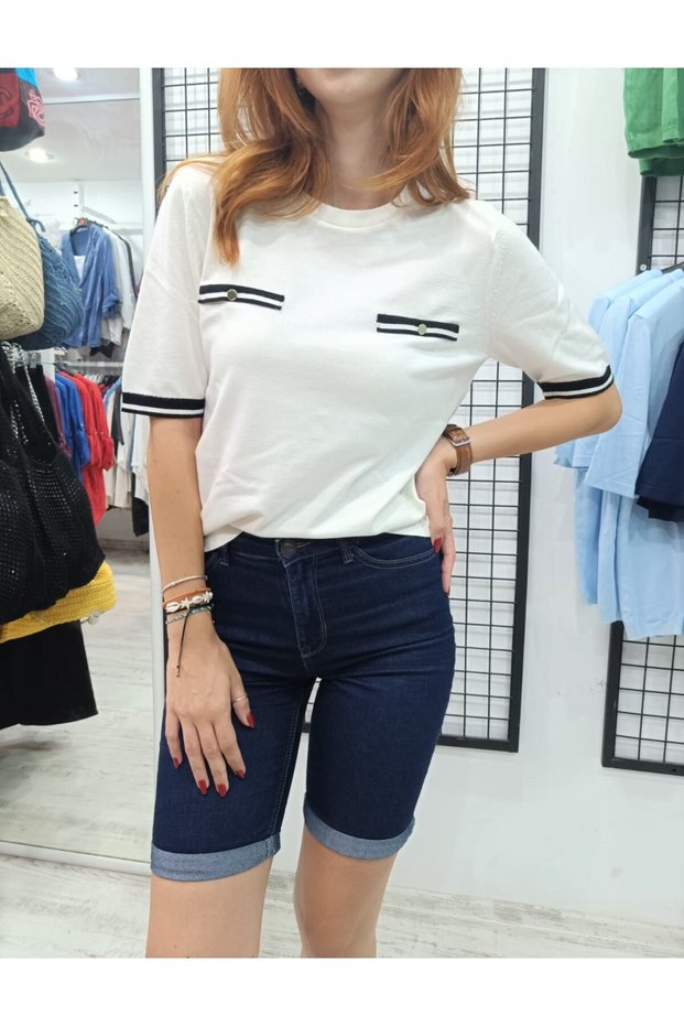 Jm Pocket Cover Detailed Striped Short Sleeve Knitwear Blouse