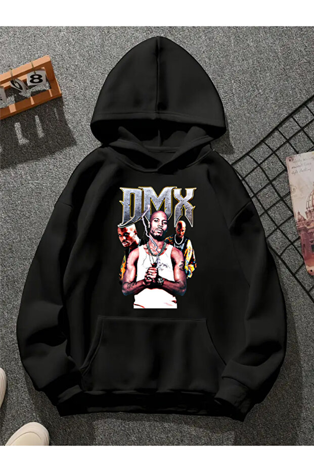سويت شيرت أسود بقلنسوة مطبوعة من dmx v3