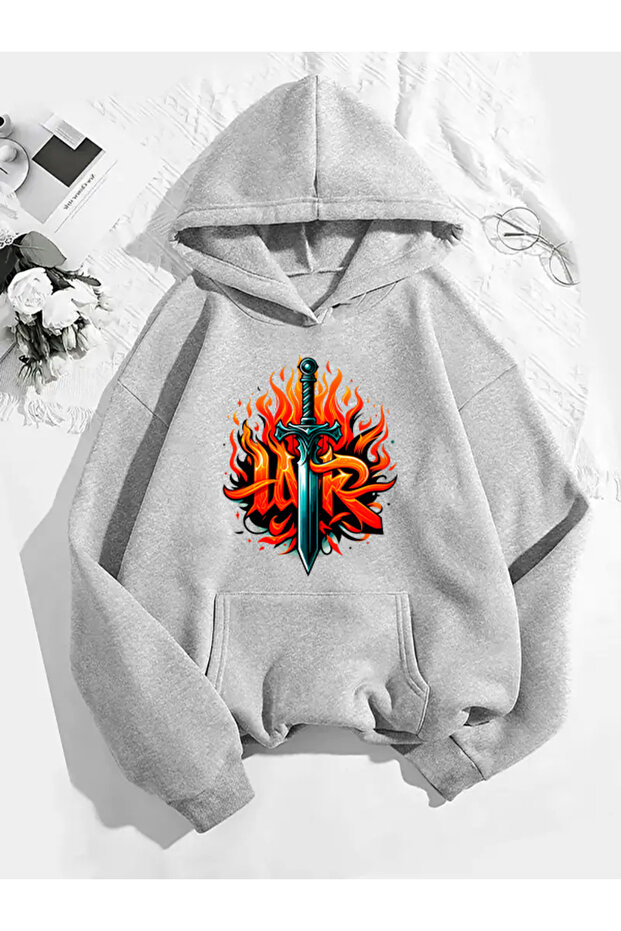 war02 سويت شيرت رمادي بقلنسوة مطبوعة - 1