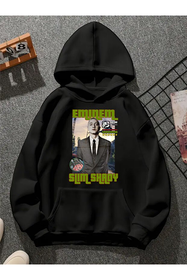 سويت شيرت أسود بقلنسوة مطبوعة من eminem v7