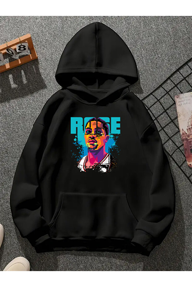 سويت شيرت أسود بغطاء للرأس مطبوع عليه rose v1