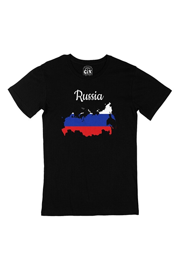 Unisex Black T-Shirt with Russia Map and Flag