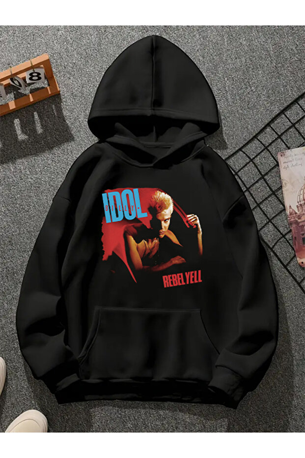 سويت شيرت أسود بقلنسوة مطبوعة من rebel yell v1