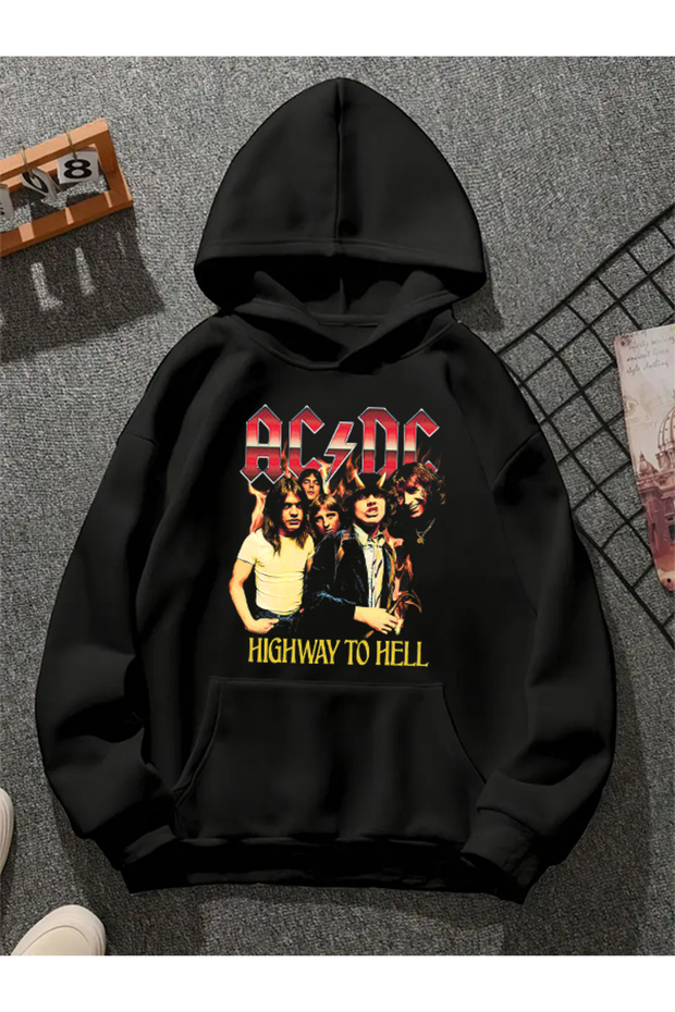 سويت شيرت أسود بقلنسوة مطبوعة من acdc v1