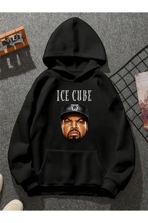 سويت شيرت أسود بقلنسوة مطبوعة من ice cube v10