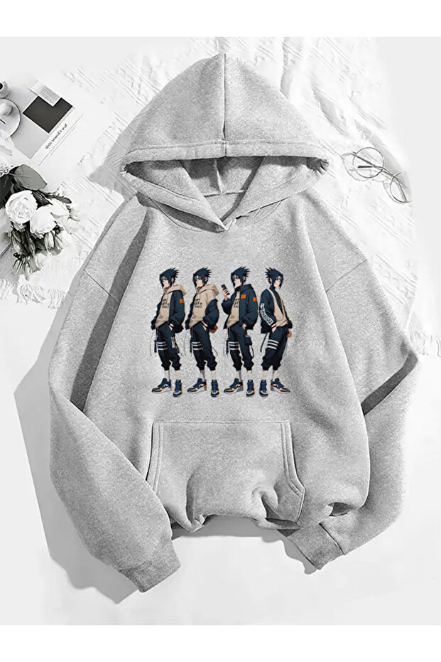 سويت شيرت رمادي بقلنسوة مطبوع عليه ساسوكي - 1