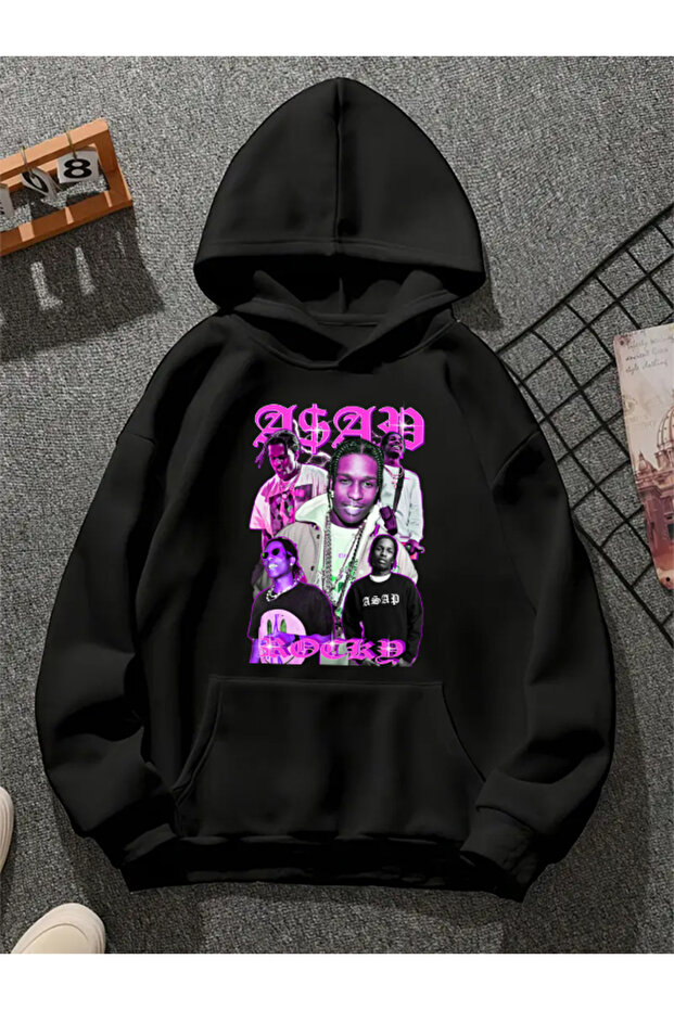 سويت شيرت أسود بقلنسوة مطبوعة من ASAP Rocky v4