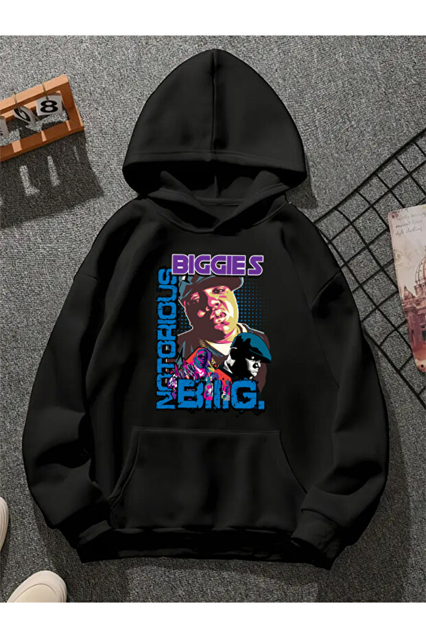 سويت شيرت أسود بقلنسوة مطبوعة من biggie v3