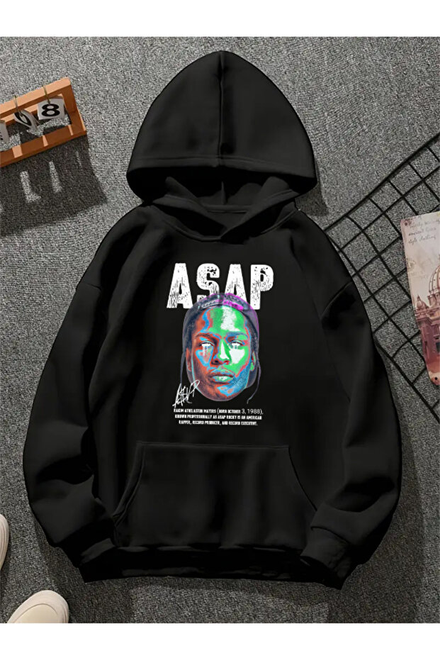 سويت شيرت أسود بقلنسوة مطبوعة من asap v1