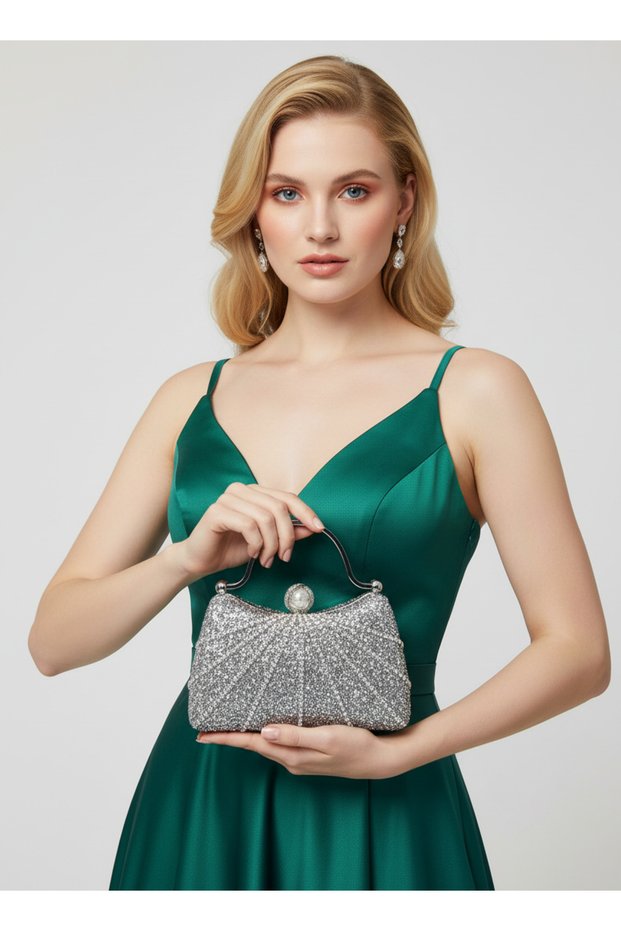 Silver Gray Lame Color Stone Silver Detailed Chain Strap Women's Evening Dress Henna Prom Bag